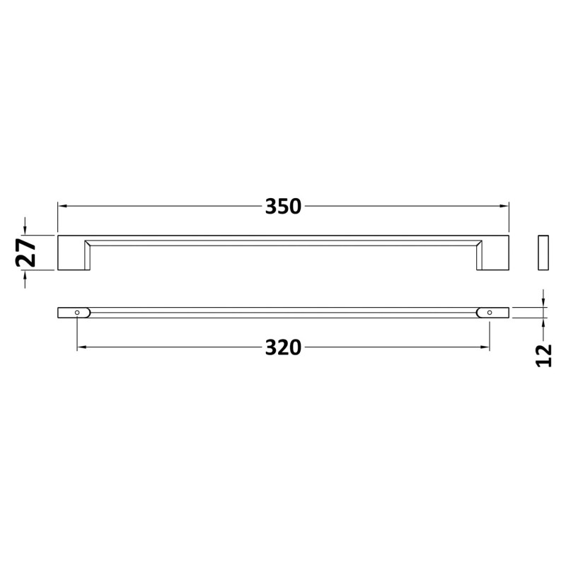 Chrome Designer Handle - 350mm (w) x 27mm (h) x 12mm (d) - Technical Drawing