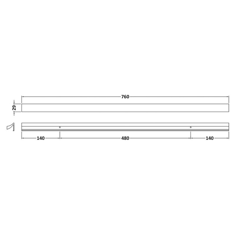 Chrome Seven Shaped Handle - 760mm (w) x 29mm (h) x 29mm (d) - Technical Drawing