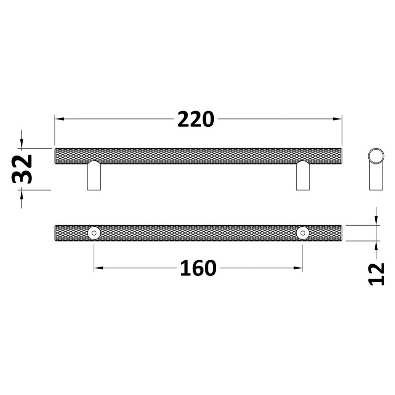 Matt Black Knurled Bar Handle - 220mm (w) x 12mm (h) x 32mm (d) - Technical Drawing