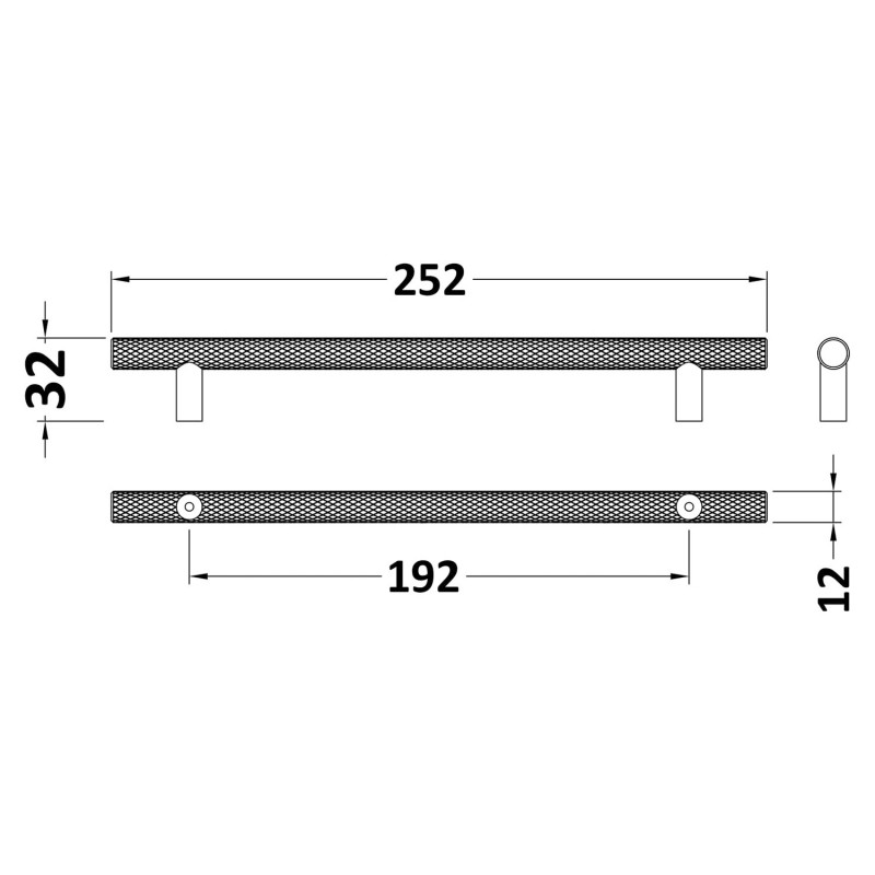 Matt Black Knurled Bar Handle - 252mm (w) x 12mm (h) x 32mm (d) - Technical Drawing