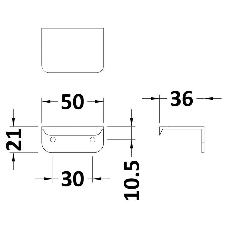 Satin Chrome Small Rear Fixed Handle - 50mm (w) x 21mm (h) x 37mm (d) - Technical Drawing