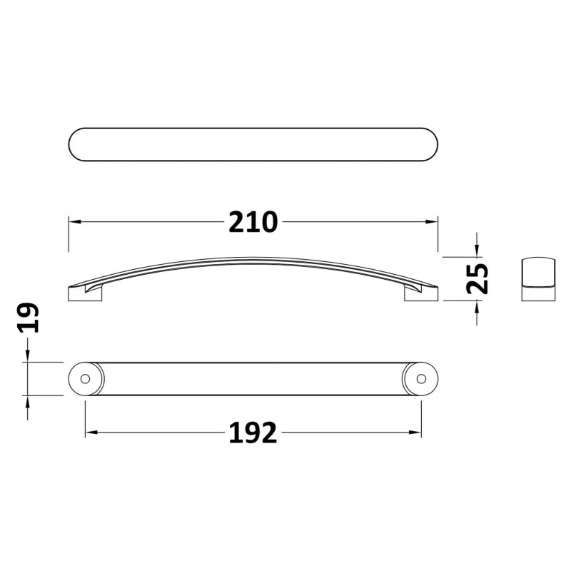 Satin Nickel D Handle - 211mm (w) x 19mm (h) x 24mm (d) - Technical Drawing