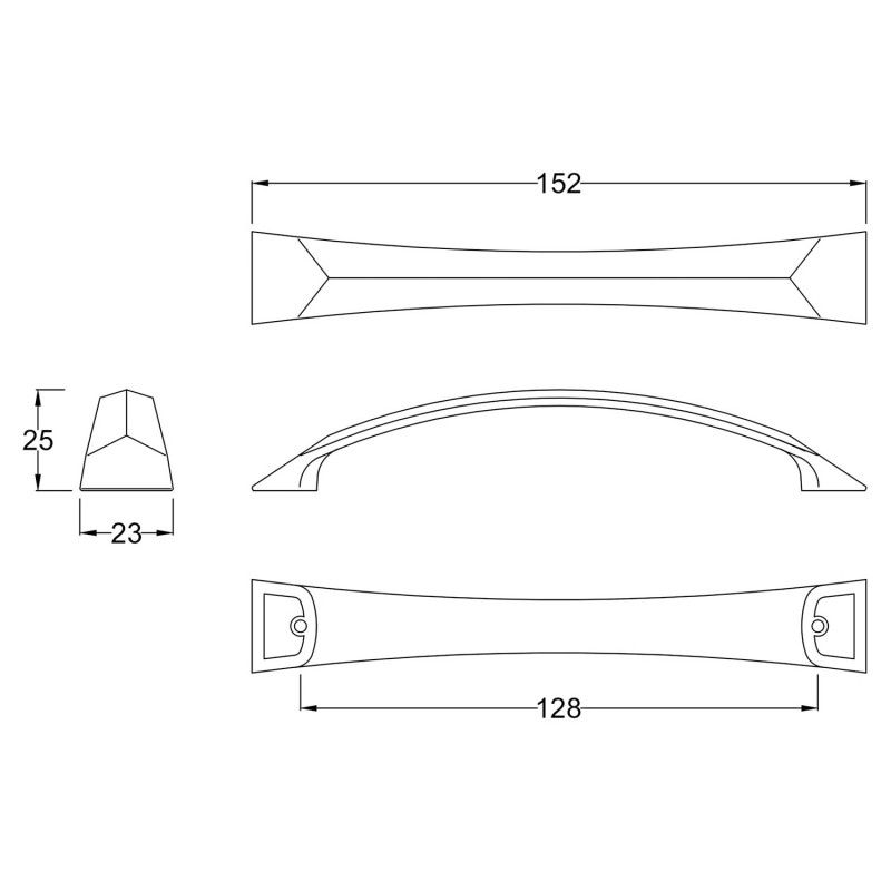 Chrome Bow Handle - 152mm (w) x 23mm (h) x 25mm (d) - Technical Drawing