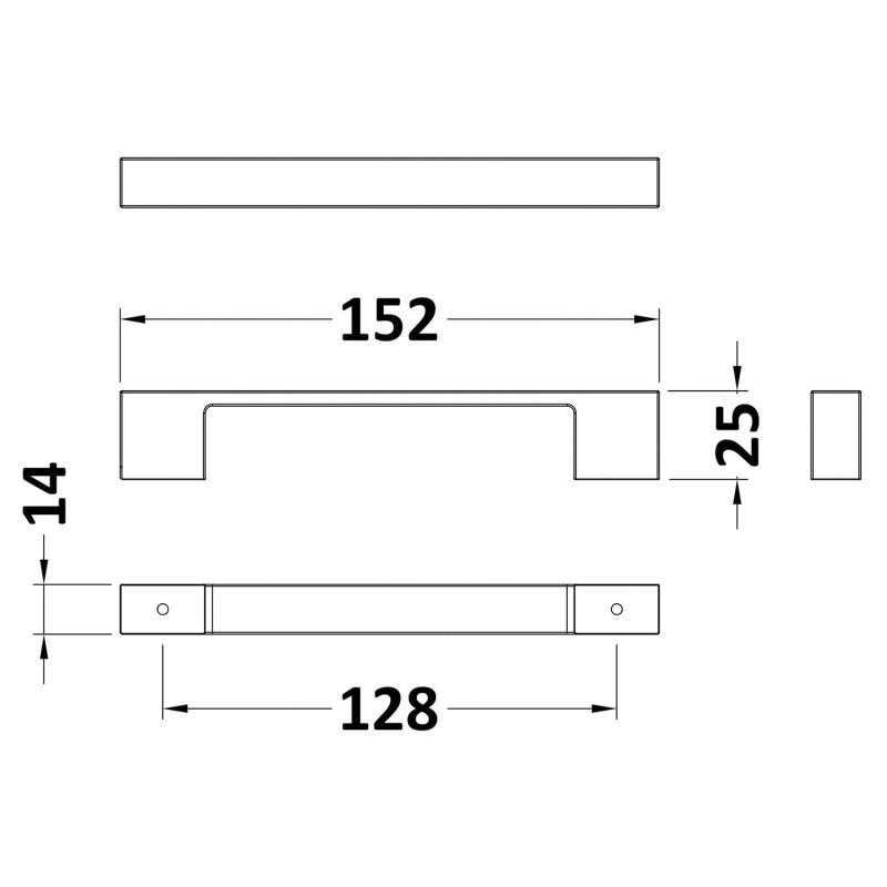 Matt Black D Handle - 150mm (w) x 24mm (h) x 29mm (d) - Technical Drawing