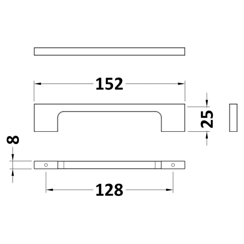 Chrome Slimline D Handle - 150mm (w) x 20mm (h) x 30mm (d) - Technical Drawing