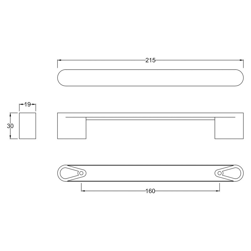 Chrome Rounded Handle - 215mm (w) x 30mm (h) x 20mm (d) - Technical Drawing