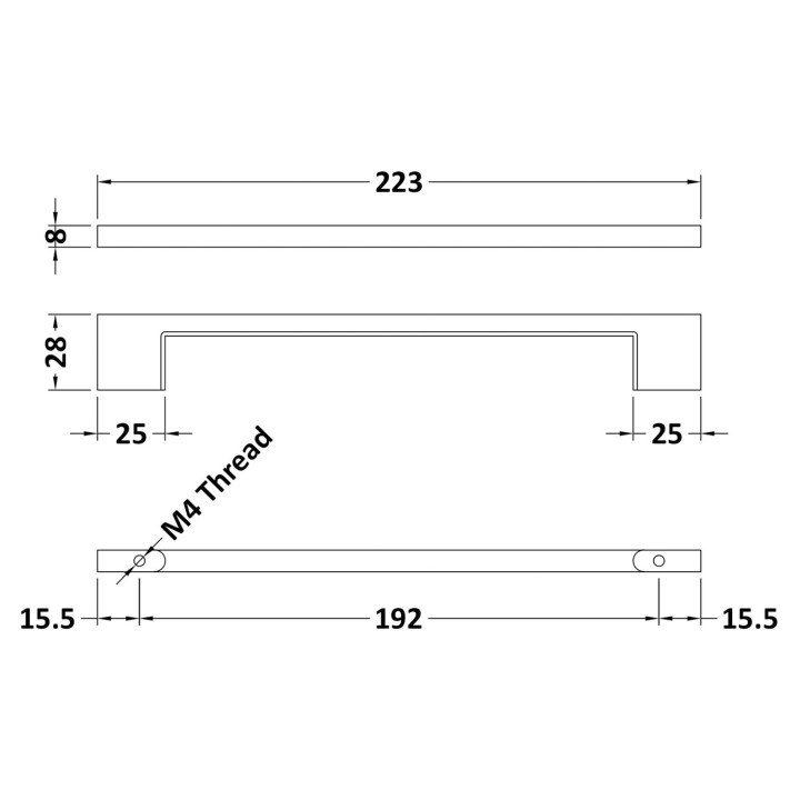 Matt Black D Handle - 223mm (w) x 28mm (h) x 8mm (d) - Technical Drawing