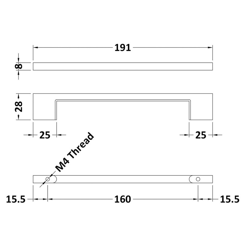 Matt Black D Handle - 191mm (w) x 28mm (h) x 8mm (d) - Technical Drawing