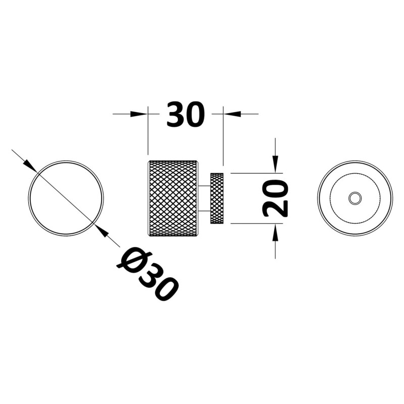 Matt Black Knurled Round Knob - 30mm (w) x 30mm (h) x 30mm (d) - Technical Drawing