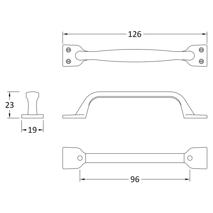 Satin Nickel Strap Handle - 126mm (w) x 19mm (h) x 23mm (d) - Technical Drawing