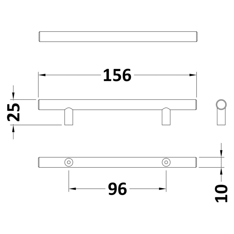 Bar Handle 156mm - Brushed Pewter - Technical Drawing