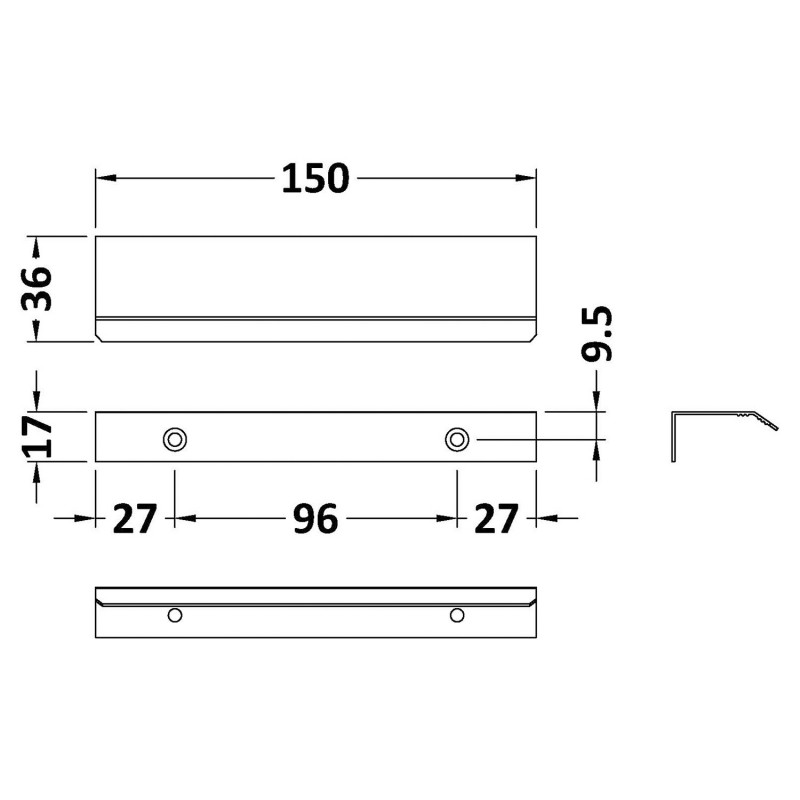 Finger Pull Handle 150mm - Brushed Pewter - Technical Drawing