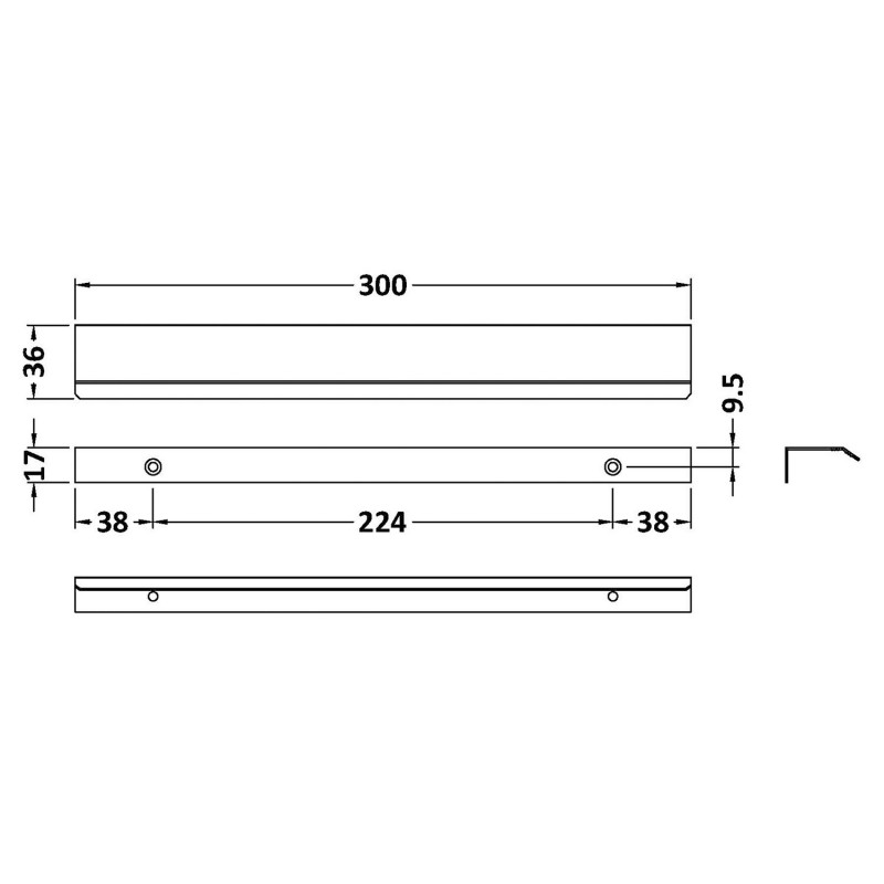 Finger Pull Handle 300mm - Brushed Pewter - Technical Drawing