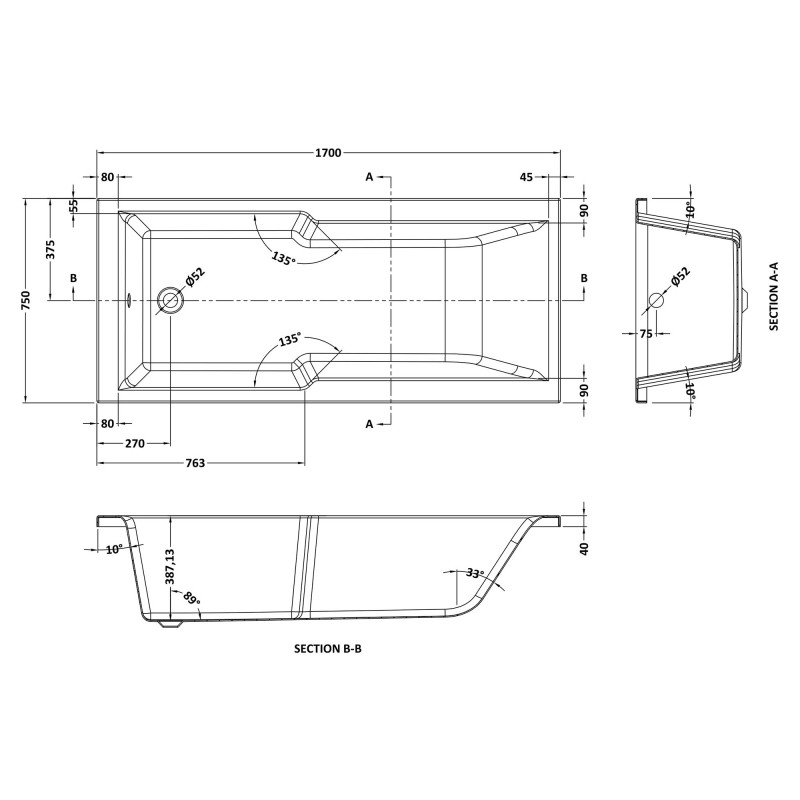 Square Straight Single Ended Shower Bath 1700mm (L) x 750mm (W) - Acrylic - Technical Drawing