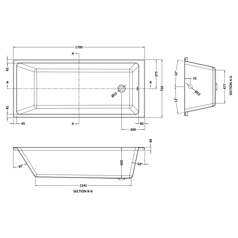 Linton Thin Edge Single Ended Rectangular Bath 1700mm (L) X 750mm (W) - Acrylic - Technical Drawing