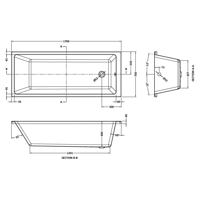 Linton Thin Edge Single Ended Rectangular Bath 1700mm (L) x 700mm (W)- Acrylic - Technical Drawing