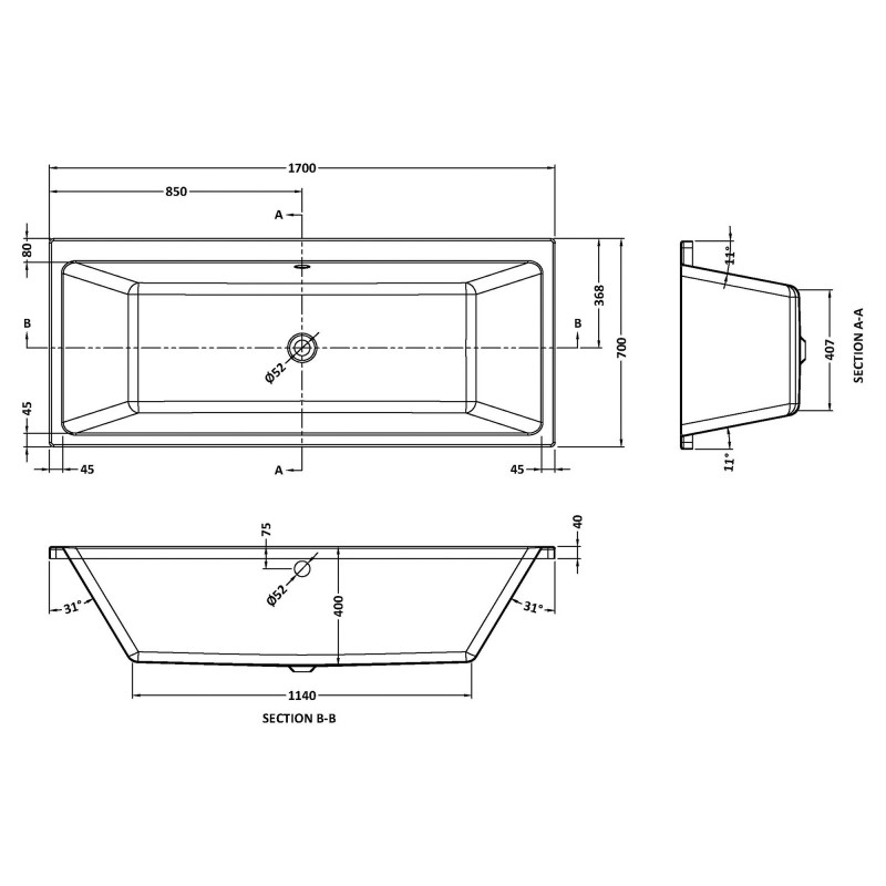 Linton Thin Edge Double Ended Rectangular Bath 1700mm (L) x 700mm (W) - Acrylic - Technical Drawing