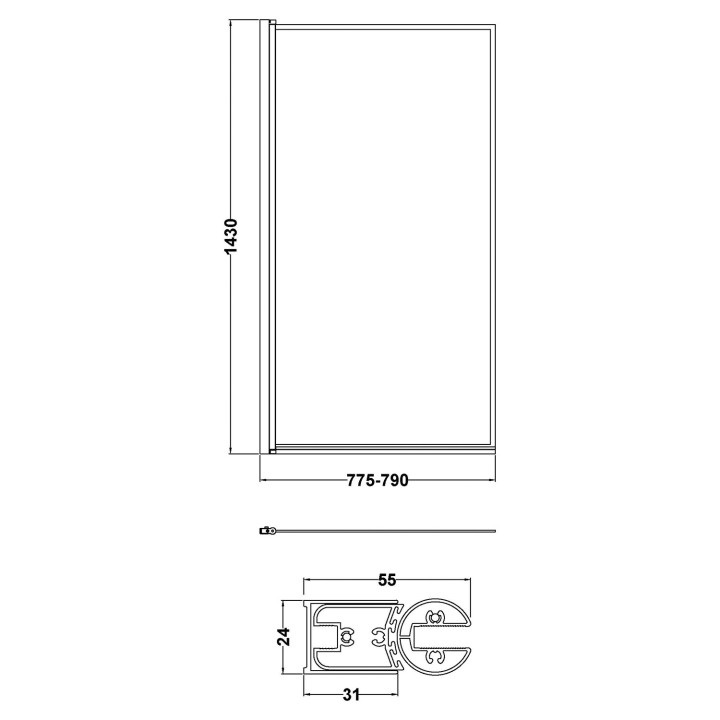 Outer Framed Bath Screen - Matt Black - Technical Drawing