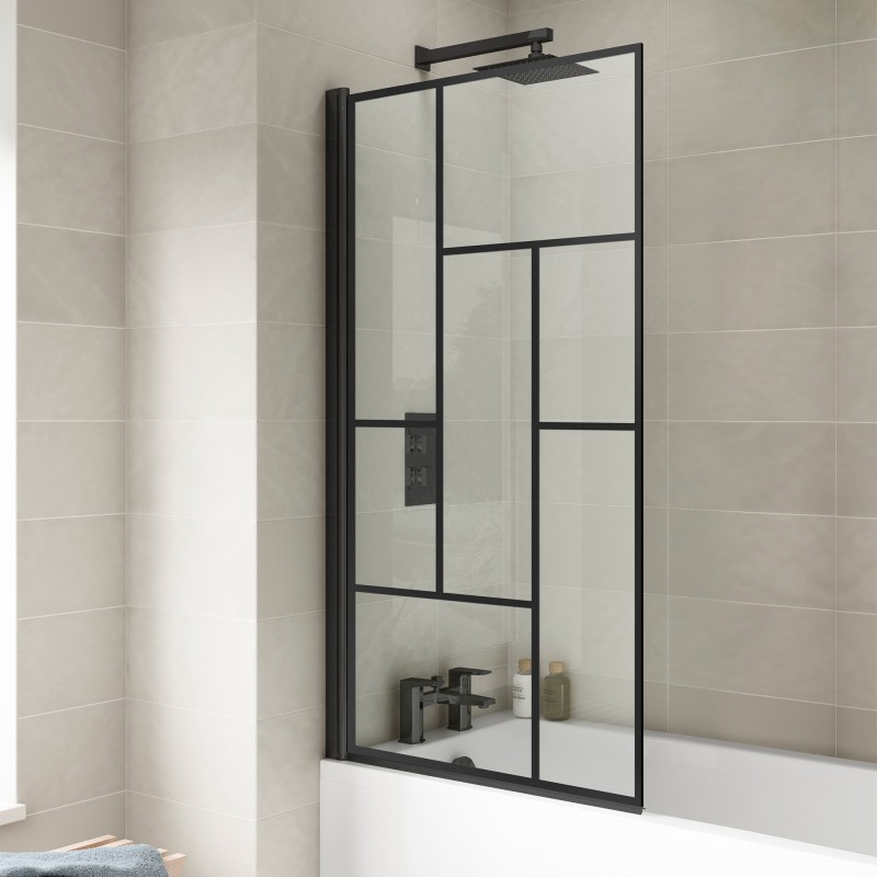 Matt Black Fixed Abstract Block Framed Bath Screen 785 x 1430mm - Insitu