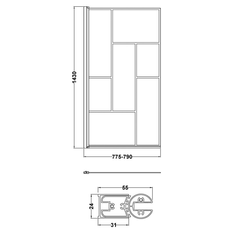 Matt Black Fixed Abstract Block Framed Bath Screen 785 x 1430mm - Technical Drawing