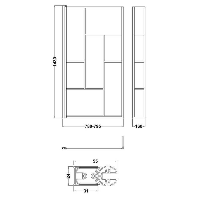 Matt Black Fixed Abstract Block Framed Bath Screen with Fixed Return 795 x 1430mm - Technical Drawing