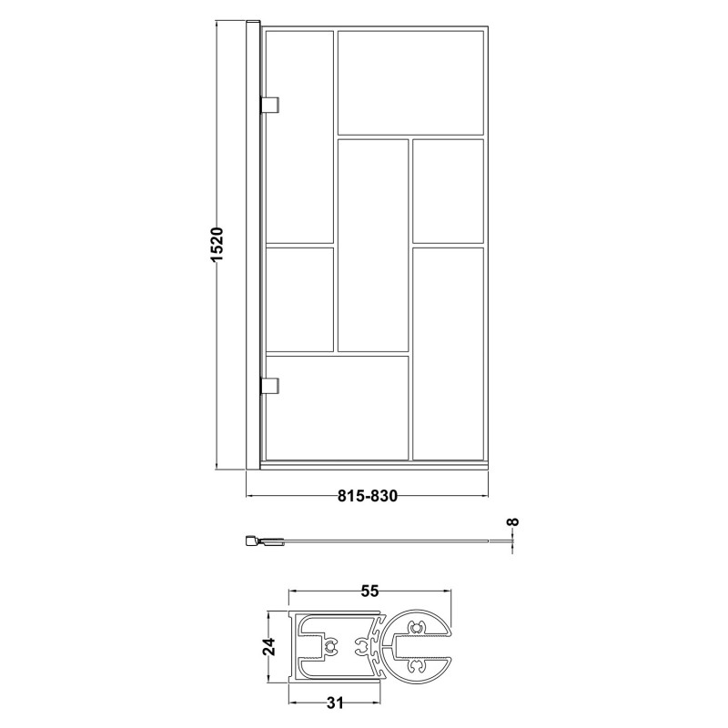 Matt Black Fixed Abstract Block Framed Bath Screen 830 x 1430mm - Technical Drawing