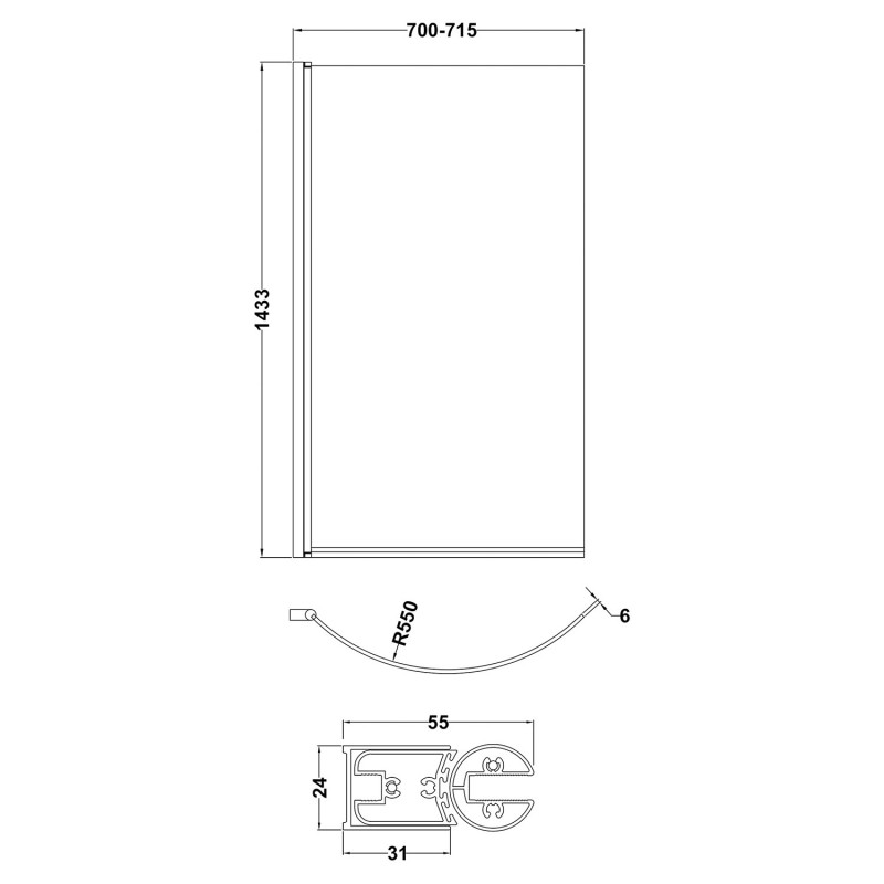 Matt Black P-Shapped Bath Screen 715 x 1433mm - Technical Drawing