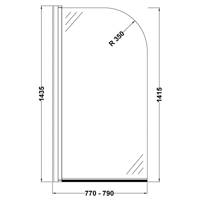 Polished Chrome Round Top Bath Screen 790mm(w) x 1435mm(h) - 6mm Glass - Technical Drawing