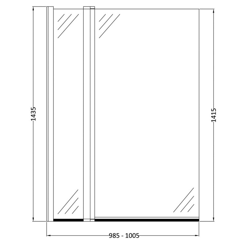 Polished Chrome Square Top Bath Screen & Fixed Panel 1005mm(w) x 1435mm - 6mm Glass - Technical Drawing