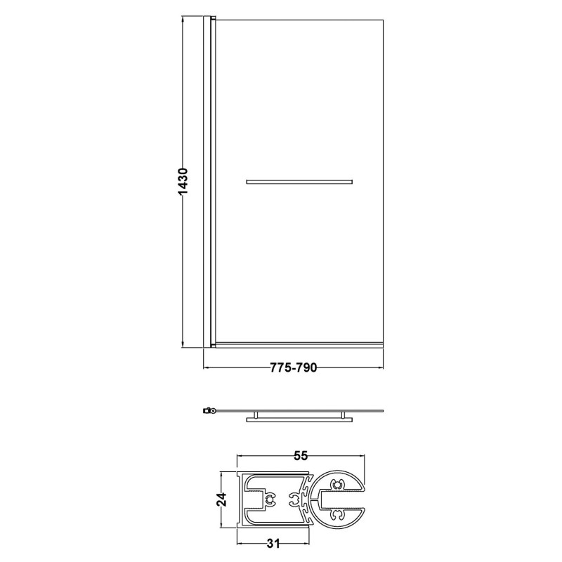 Polished Chrome Square Top Bath Screen & Rail 790mm(w) x 1435mm(h) - 6mm Glass - Technical Drawing