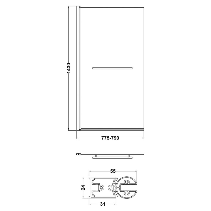 Polished Chrome Square Top Bath Screen & Rail 790mm(w) x 1435mm(h) - 6mm Glass - Technical Drawing