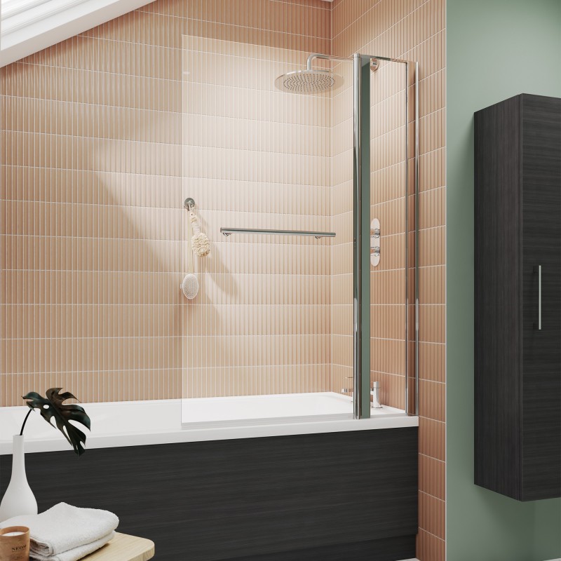 Polished Chrome Square Top Bath Screen Fixed Panel & Rail 1005mm(w) x 1435mm - 6mm Glass - Insitu