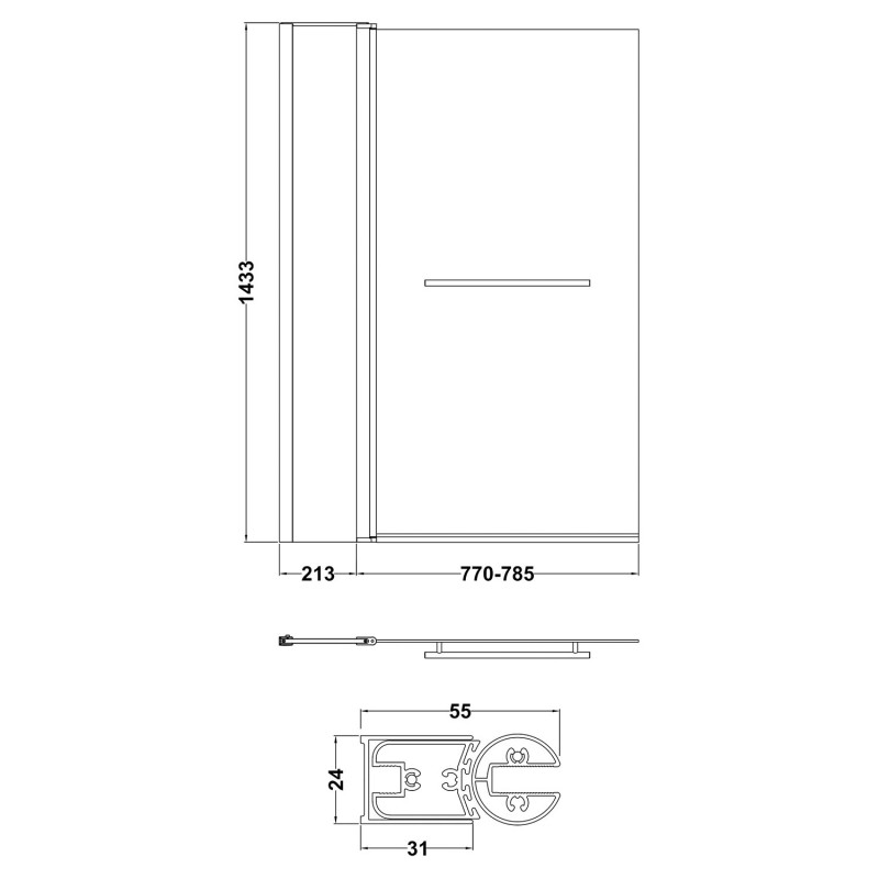 Polished Chrome Square Top Bath Screen Fixed Panel & Rail 1005mm(w) x 1435mm - 6mm Glass - Technical Drawing