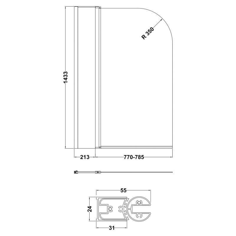 Polished Chrome Round Top Bath Screen & Fixed Panel 1005mm(w) x 1435mm(h) - 6mm Glass - Technical Drawing