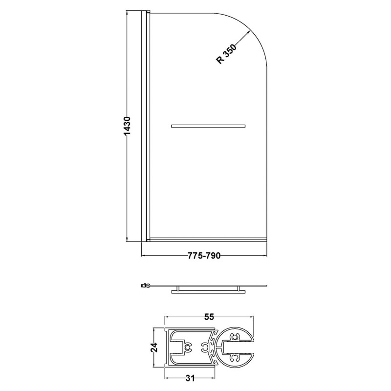 Polished Chrome Round Top Bath Screen & Rail 790mm(w) x 1435mm(h) - 6mm Glass - Technical Drawing