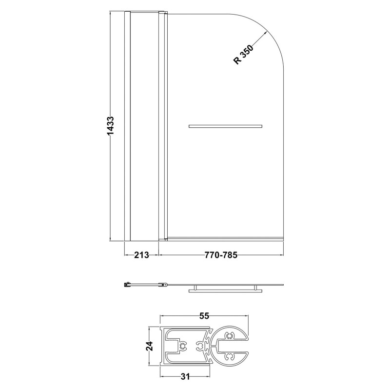 Polished Chrome Round Top Bath Screen Fixed Panel & Rail 1005mm(w) x 1435mm(h) - 6mm Glass - Technical Drawing