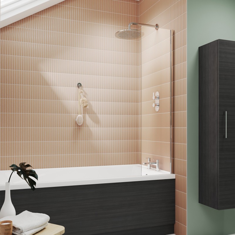 Polished Chrome Fixed Bath Screen 350mm(w) x 1400mm(h) - 6mm Glass - Insitu