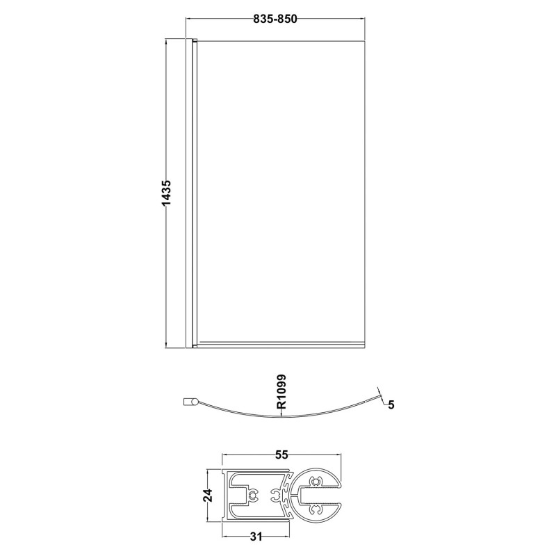 Polished Chrome Curved B-Bath Shape Screen 870mm(w) x 1435mm(h) - 6mm Glass - Technical Drawing