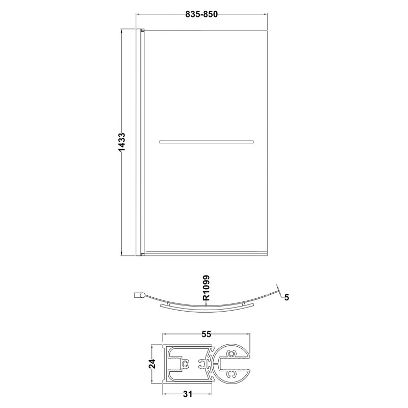 Polished Chrome Curved B-Bath Shape Screen & Rail 870mm(w) x 1435mm(h) - 6mm Glass - Technical Drawing