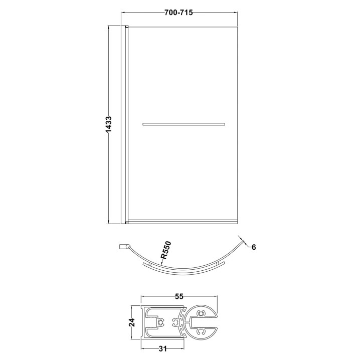 Polished Chrome Curved P-Bath Shape Screen & Rail 720mm(w) x 1435mm(h) - 6mm Glass - Technical Drawing