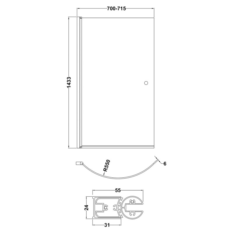 Polished Chrome Curved P-Bath Shape Screen & Knob 720mm(w) x 1435mm(h) - 6mm Glass - Technical Drawing