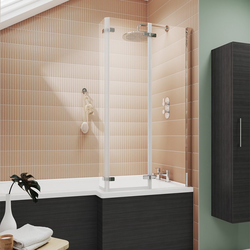 Polished Chrome "Quattro" L-Shape Double Hinged Bath Screen 965mm(w) x 1400mm(h) - 6mm Glass - Insitu