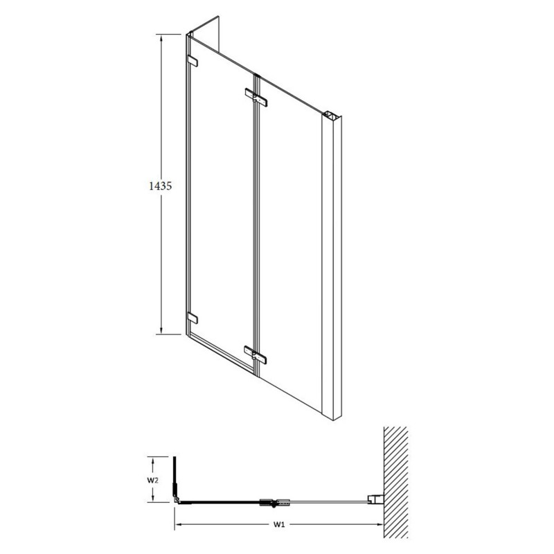 Polished Chrome "Quattro" L-Shape Double Hinged Bath Screen 965mm(w) x 1400mm(h) - 6mm Glass - Technical Drawing