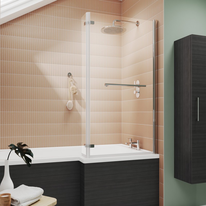 Polished Chrome "Quattro" L-Shape Hinged Bath Screen & Rail 805mm(w) x 1400mm(h) - 6mm Glass - Insitu