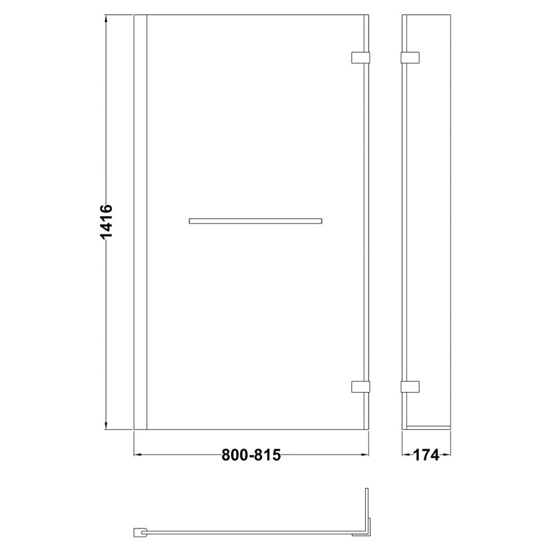 Polished Chrome "Quattro" L-Shape Hinged Bath Screen & Rail 805mm(w) x 1400mm(h) - 6mm Glass - Technical Drawing