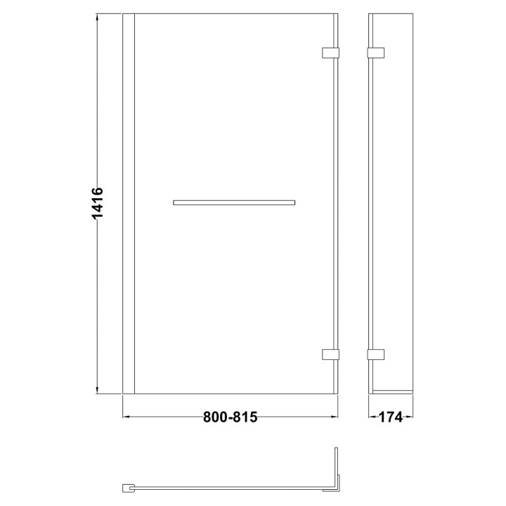 Polished Chrome "Quattro" L-Shape Hinged Bath Screen & Rail 805mm(w) x 1400mm(h) - 6mm Glass - Technical Drawing