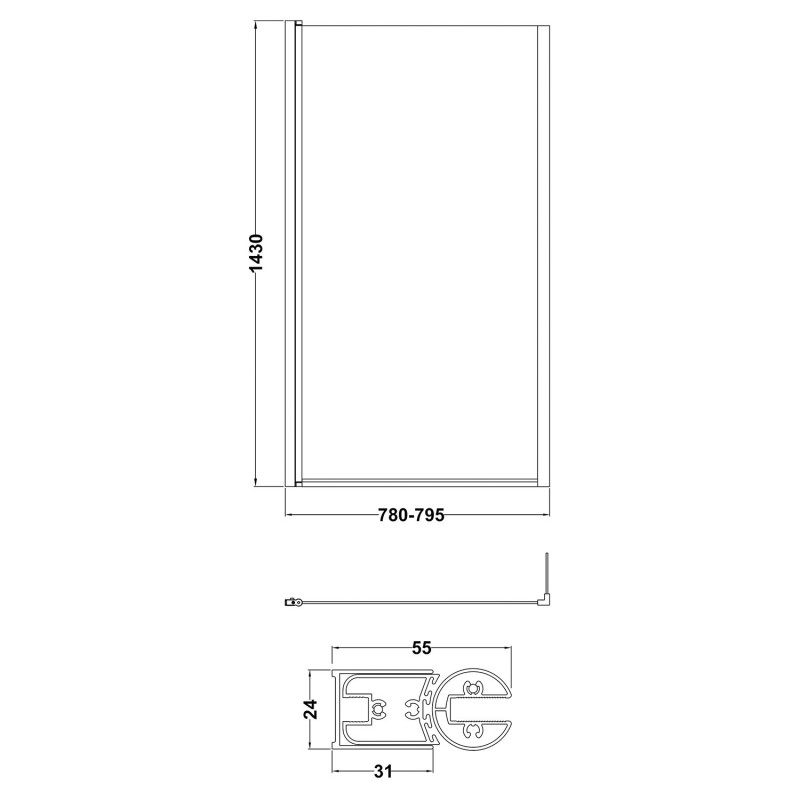 Polished Chrome "Quattro" L-Shape Hinged Bath Screen Fixed Return 805mm(w) x 1435mm(h) - 6mm Glass - Technical Drawing