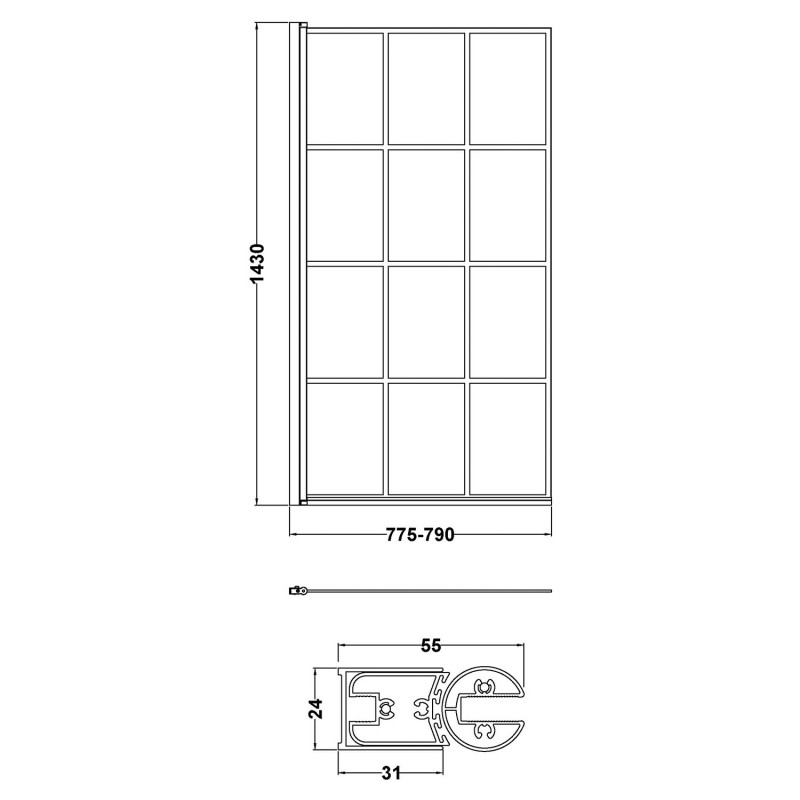 Satin Black "Pacific" Square Framed Designer Bath Screen 790mm(w) x 1435mm(h) - 6mm Glass - Technical Drawing