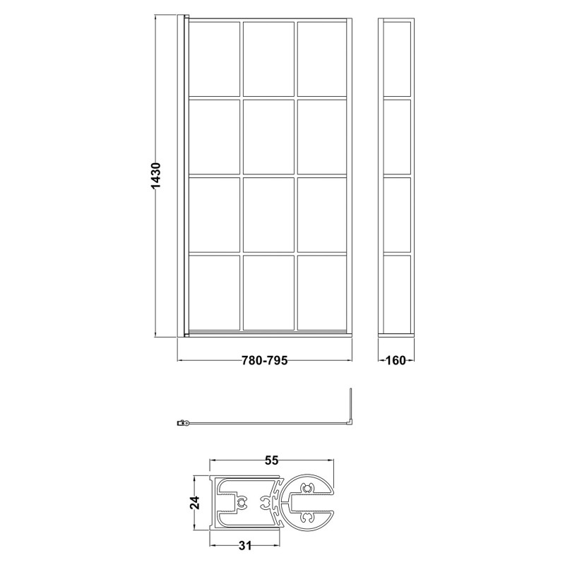 Satin Black "Pacific" Square Framed Designer Bath Screen & Fixed Return 805mm(w) x 1435mm(h) - 6mm Glass - Technical Drawing