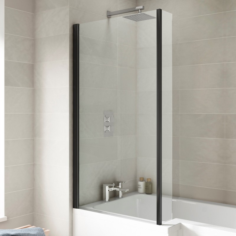 Satin Black "Pacific" Square Top L-Shaped Designer Bath Screen & Fixed Return 805mm(w) x 1435mm(h) - 6mm Glass - Insitu